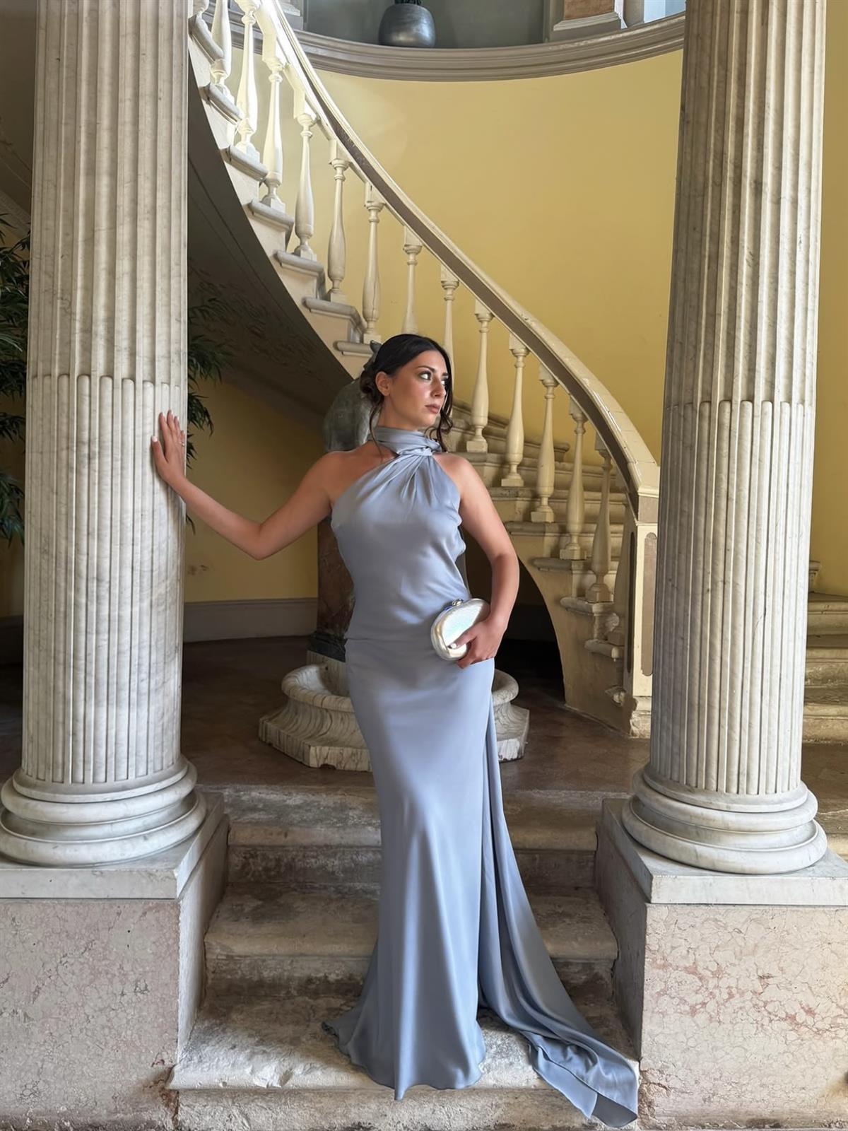 Sırt Dekolteli Şal Detaylı Saten Elbise - Buz Mavisi