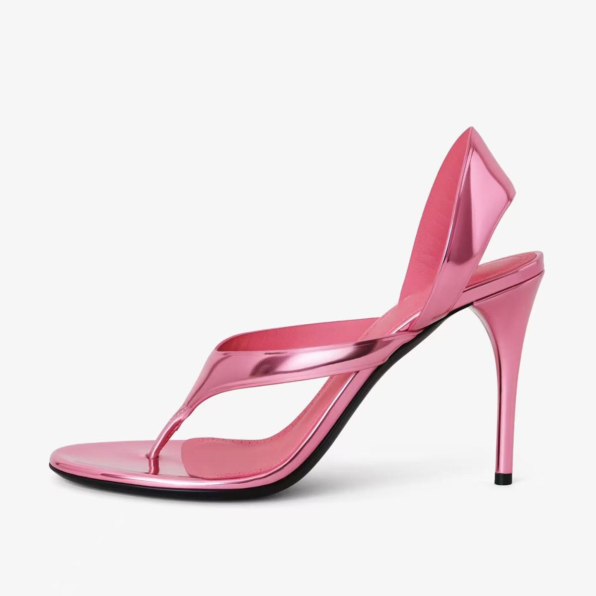 Metalik İnce Bantlı Topuklu Ayakkabı - Pembe