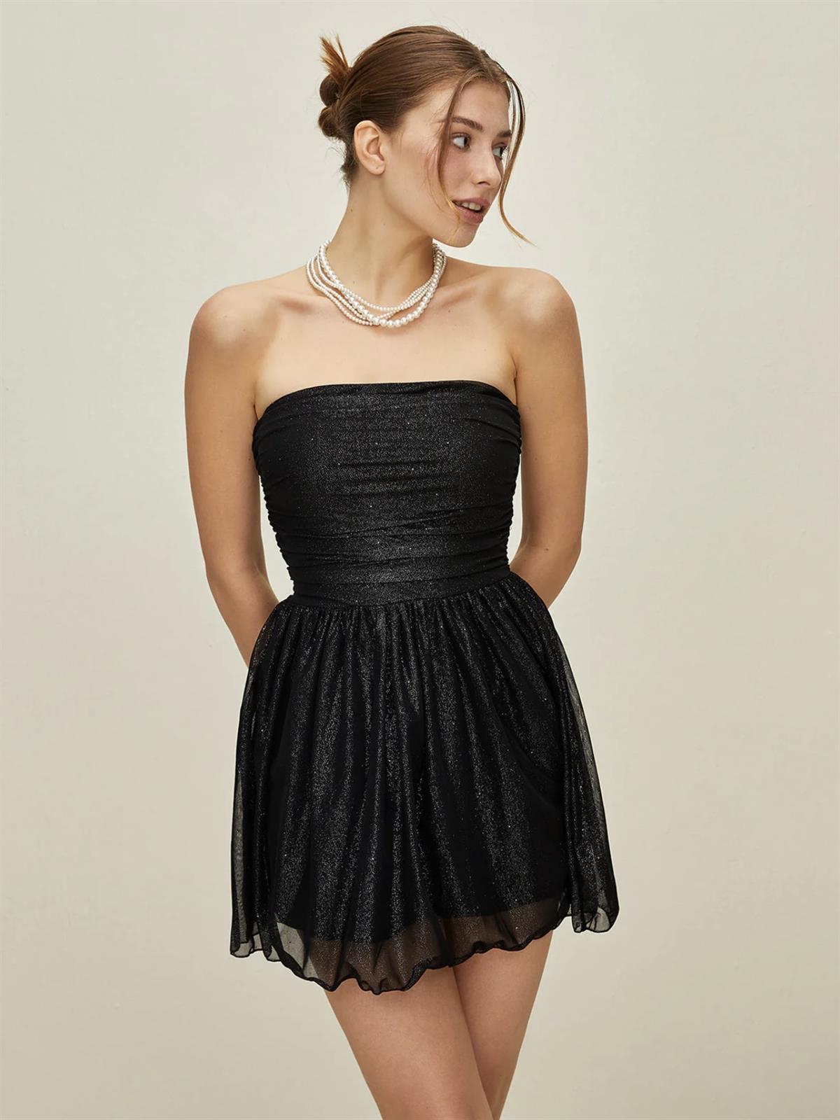 Parıltılı Straplez Mini Elbise