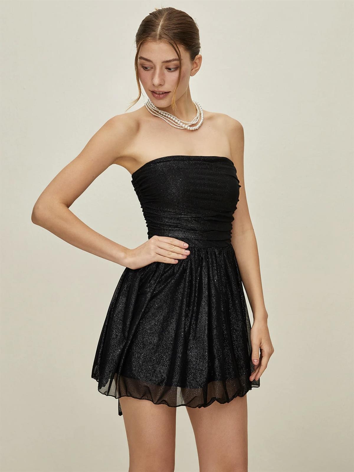 Parıltılı Straplez Mini Elbise