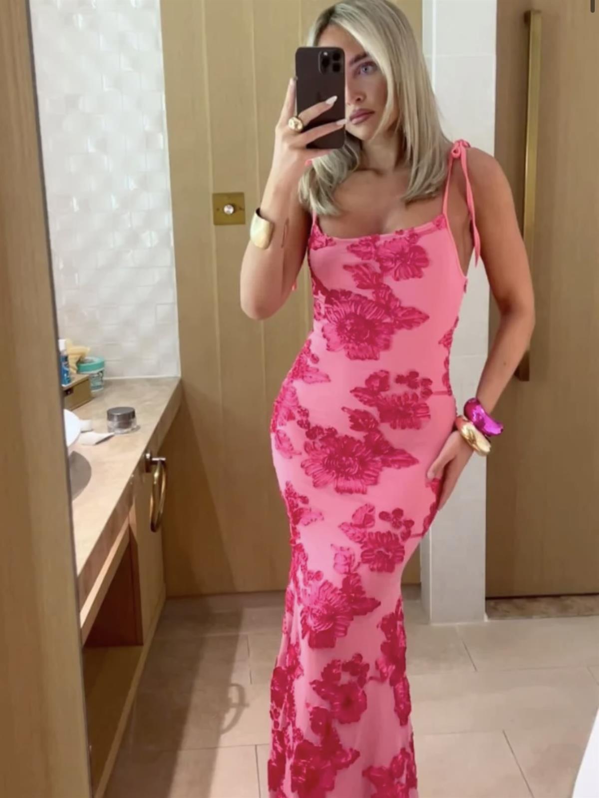 Pembe Çiçek Desenli Askılı Maxı Dress