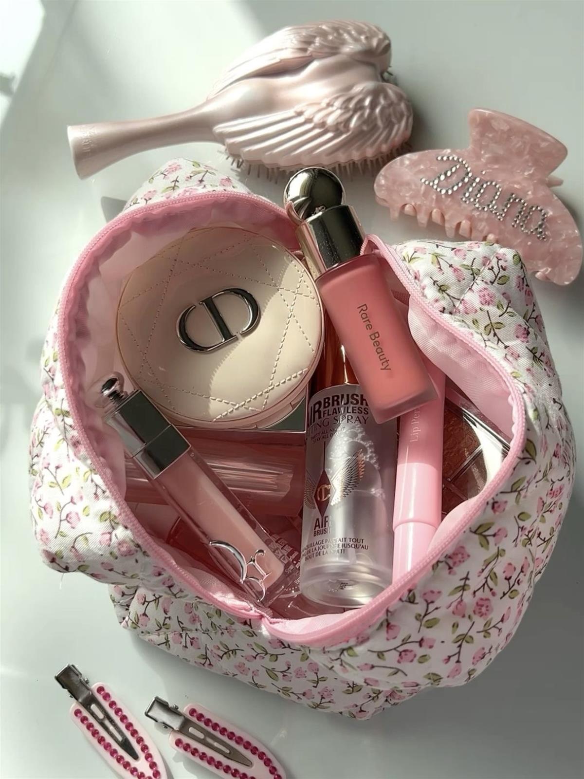 Pembe Çiçek Desenli Küçük Boy Makyaj Çantası