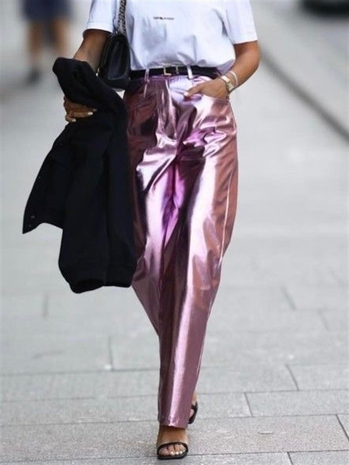 Pembe Metalik Pantolon