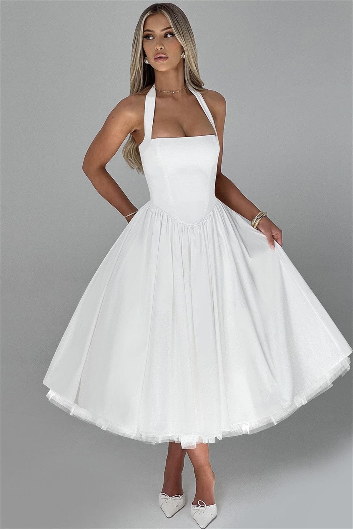 Pliseli Beyaz Midi Elbise