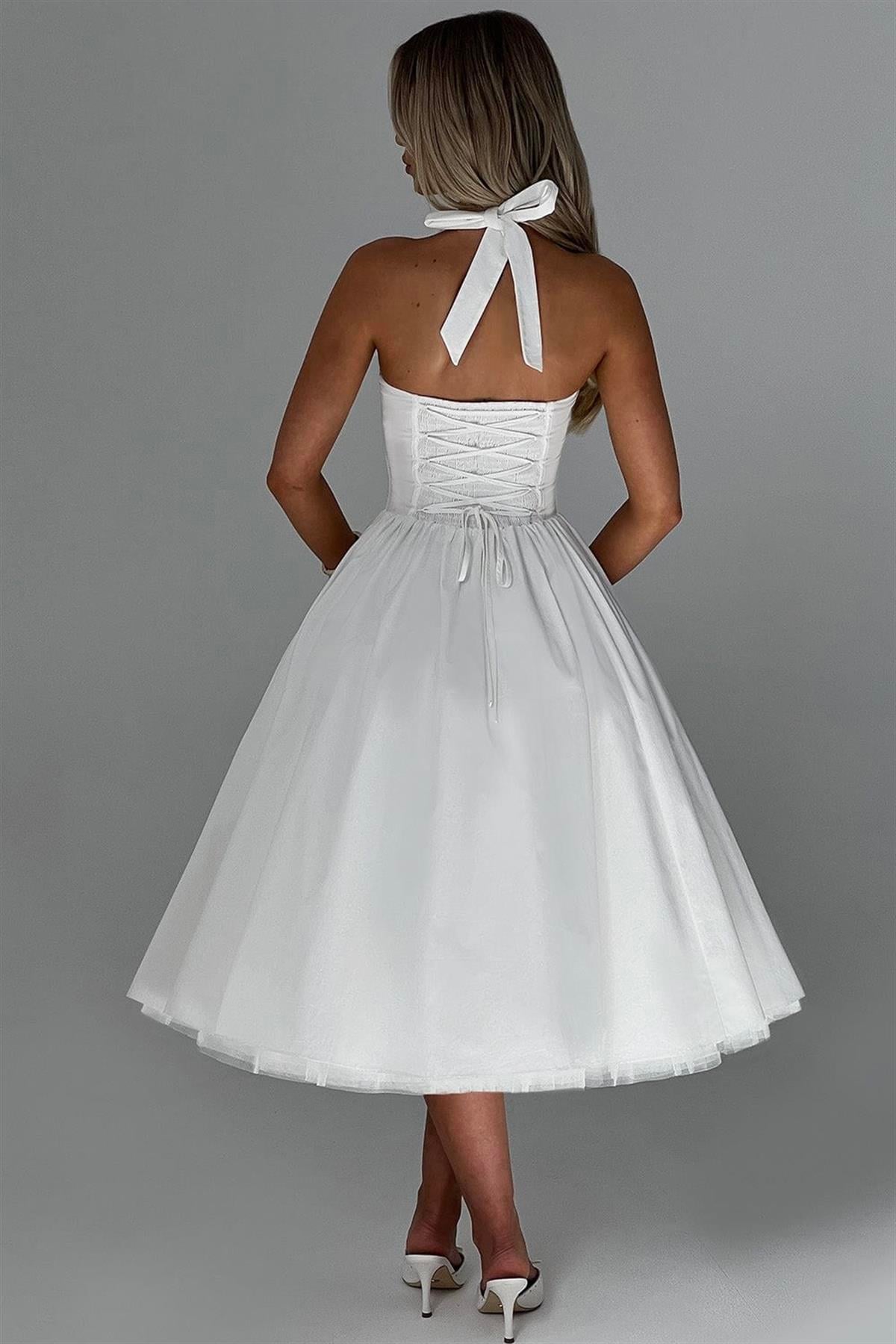 Pliseli Beyaz Midi Elbise