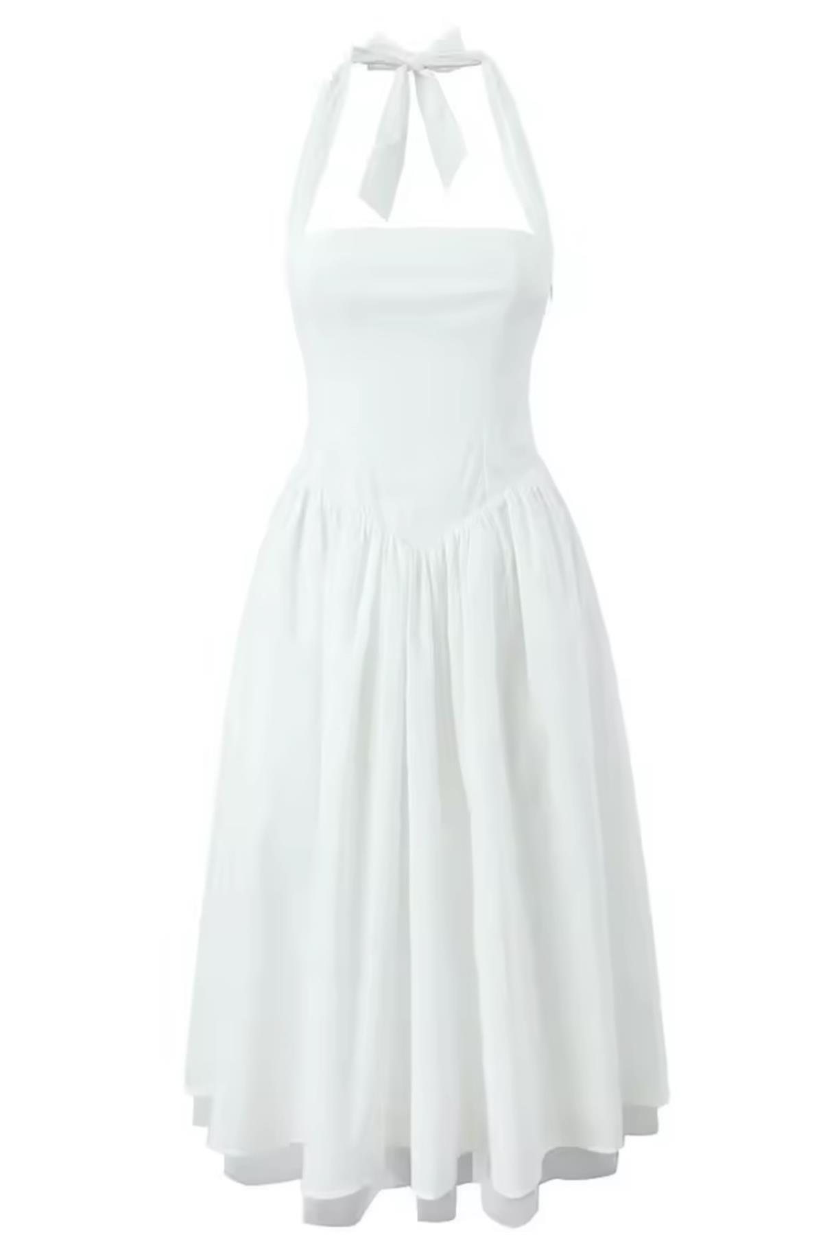 Pliseli Beyaz Midi Elbise