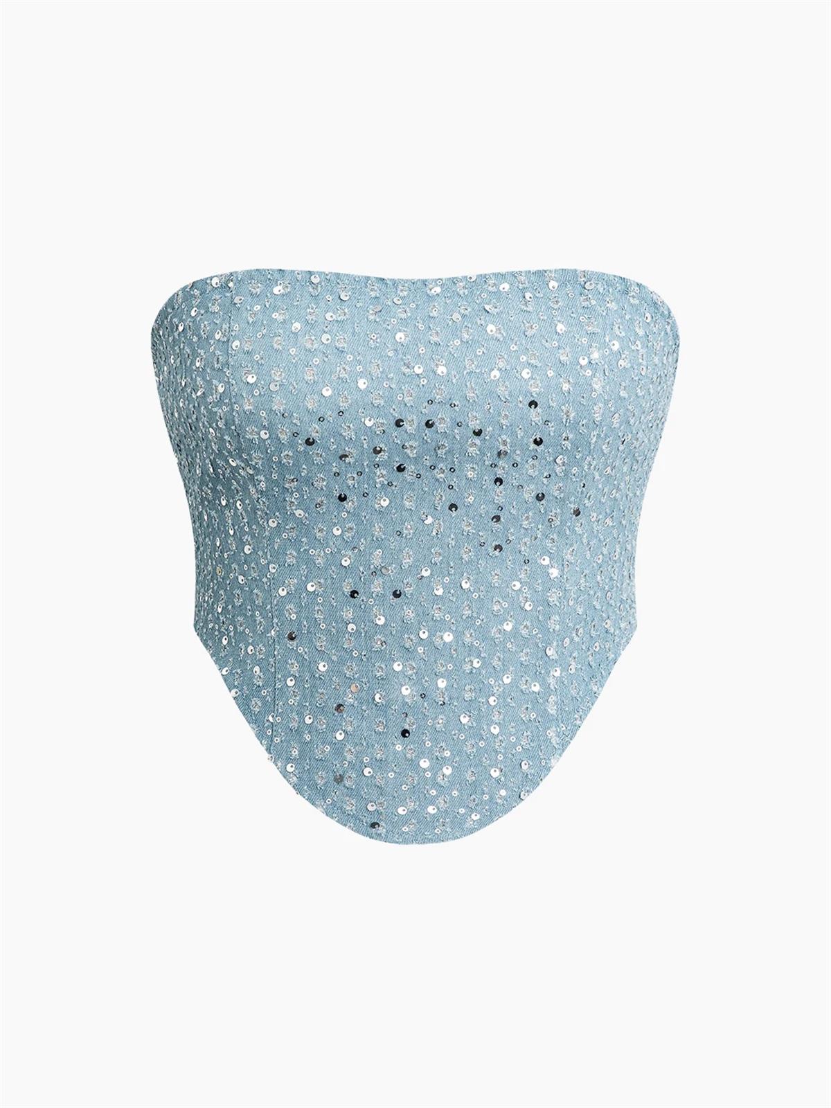 Pul Detaylı Straplez Jean Takım