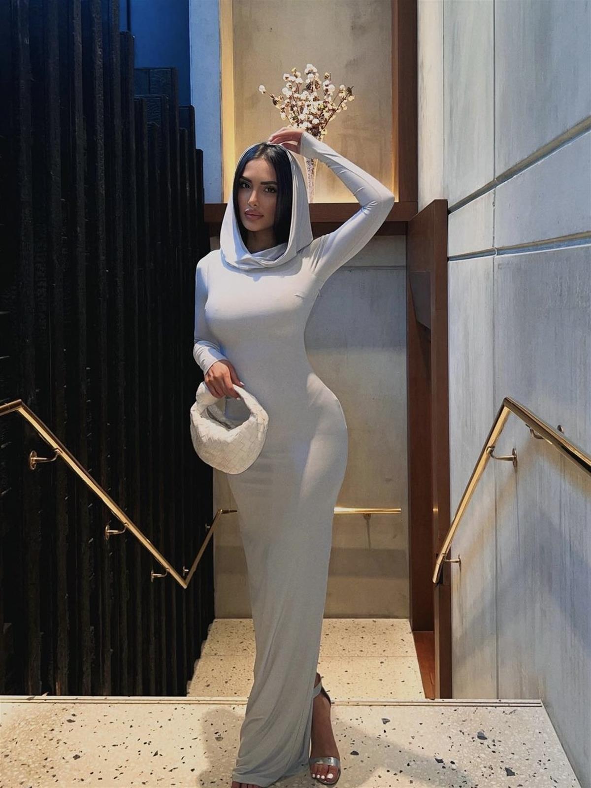 Sahara Şapkalı Uzun Gri Elbise