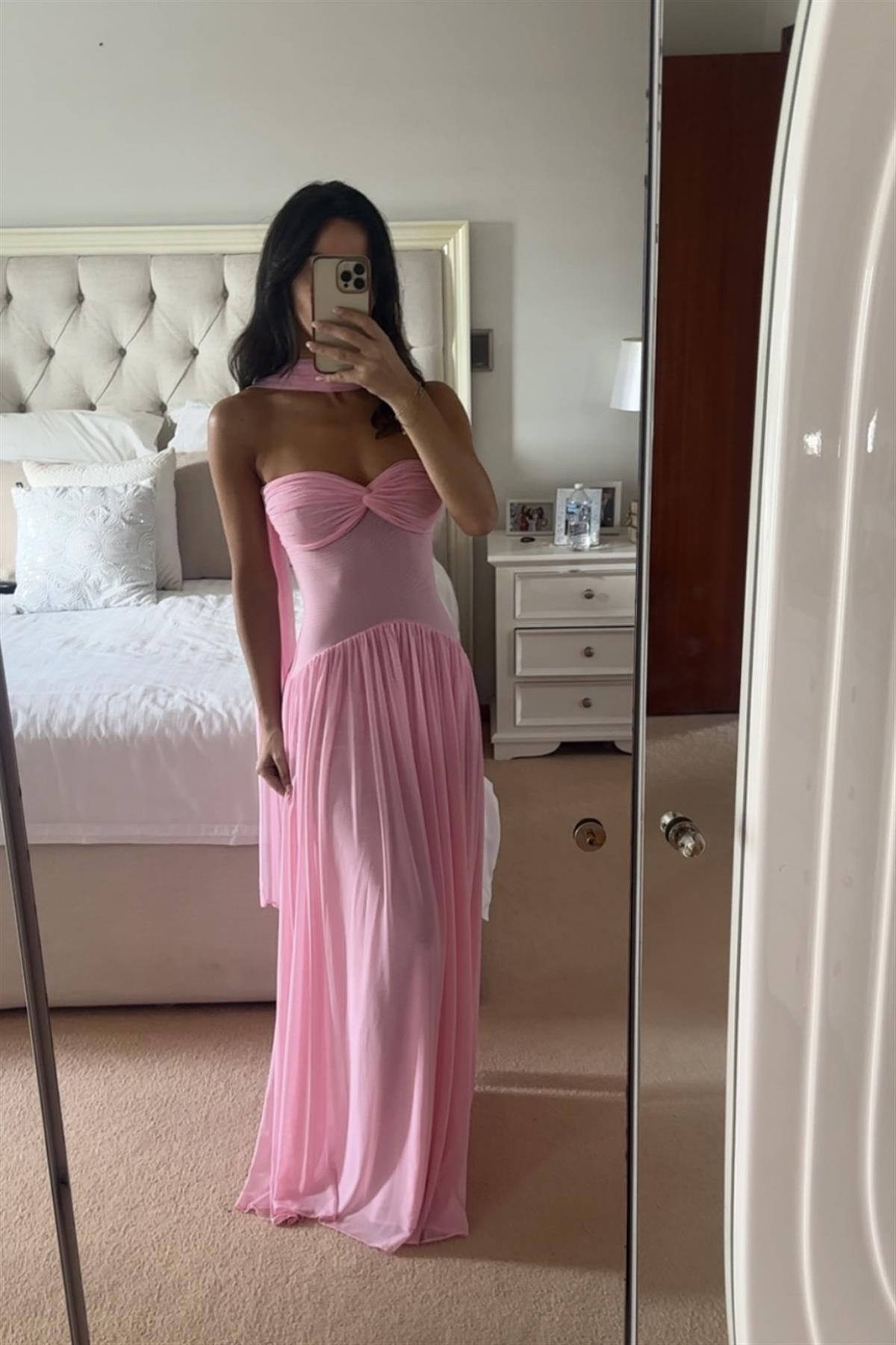 Şal Detaylı Straplez Pembe Elbise