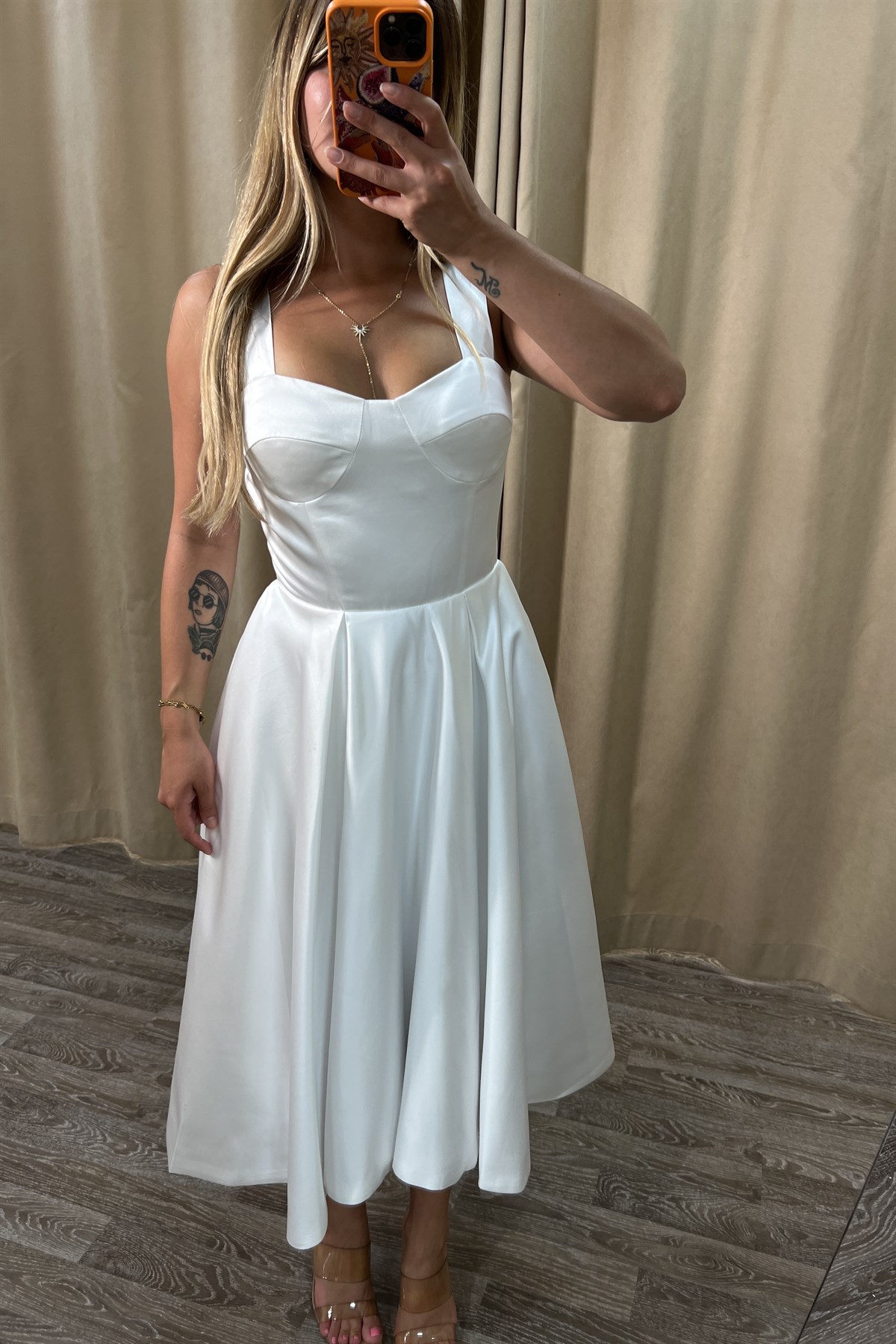 Saten Beyaz Midi Elbise - Nikah & After Party 