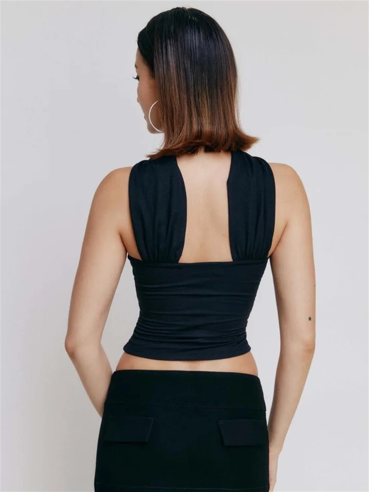 Saten Boyundan Bağlamalı Straplez Bluz