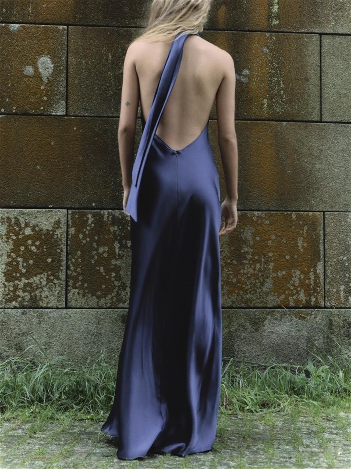 Saten Gece Mavisi Sırt Dekolteli Elbise