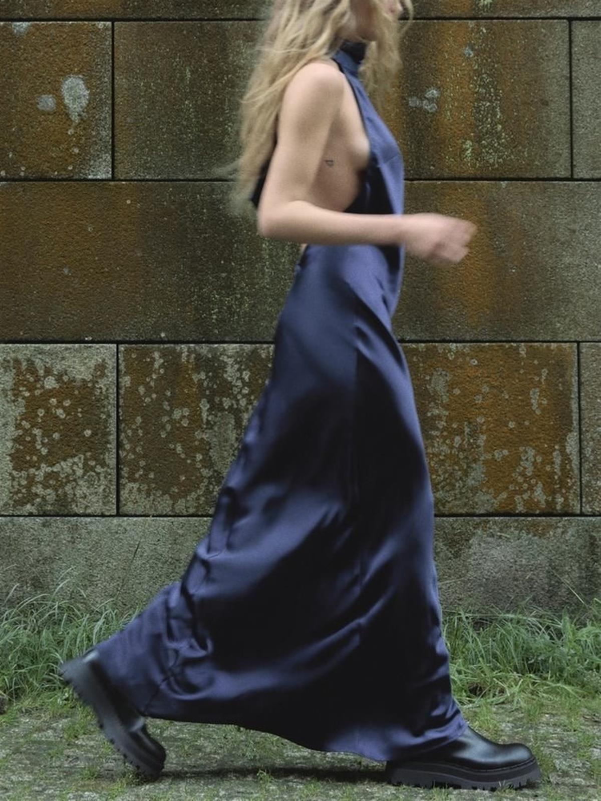 Saten Gece Mavisi Sırt Dekolteli Elbise