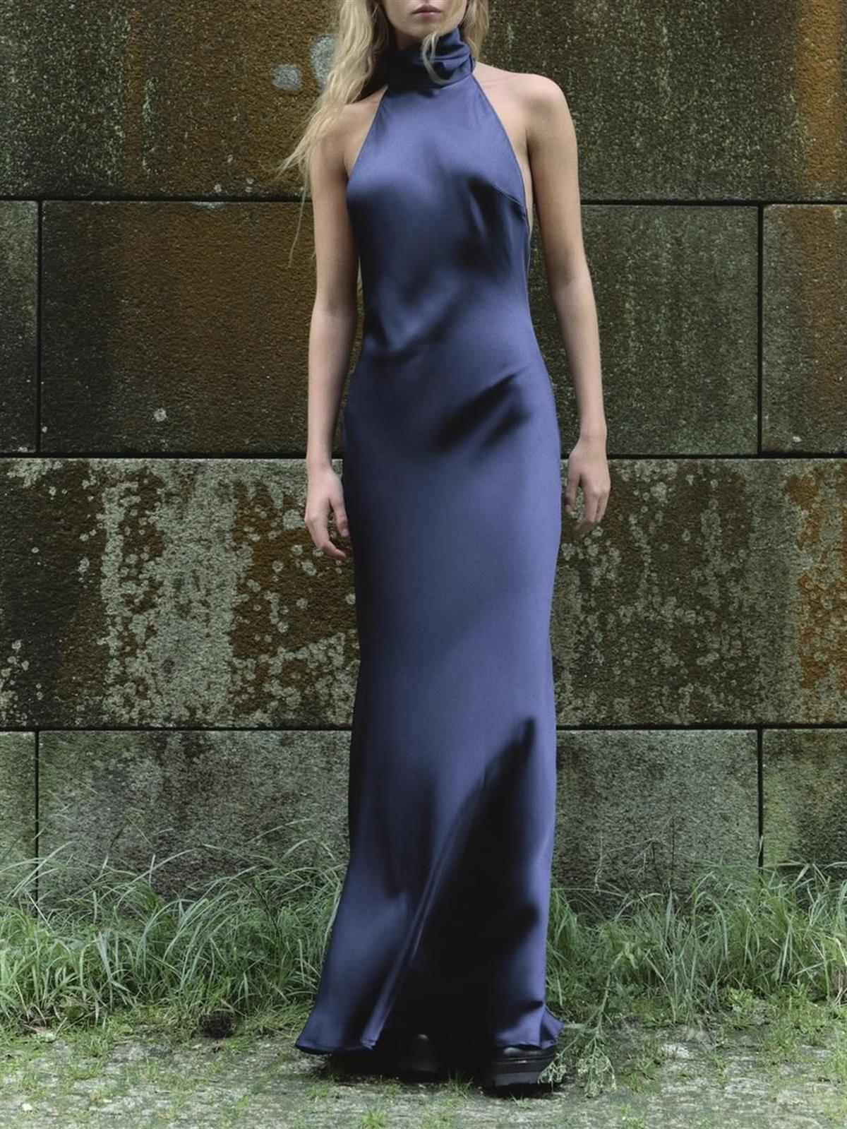 Saten Gece Mavisi Sırt Dekolteli Elbise