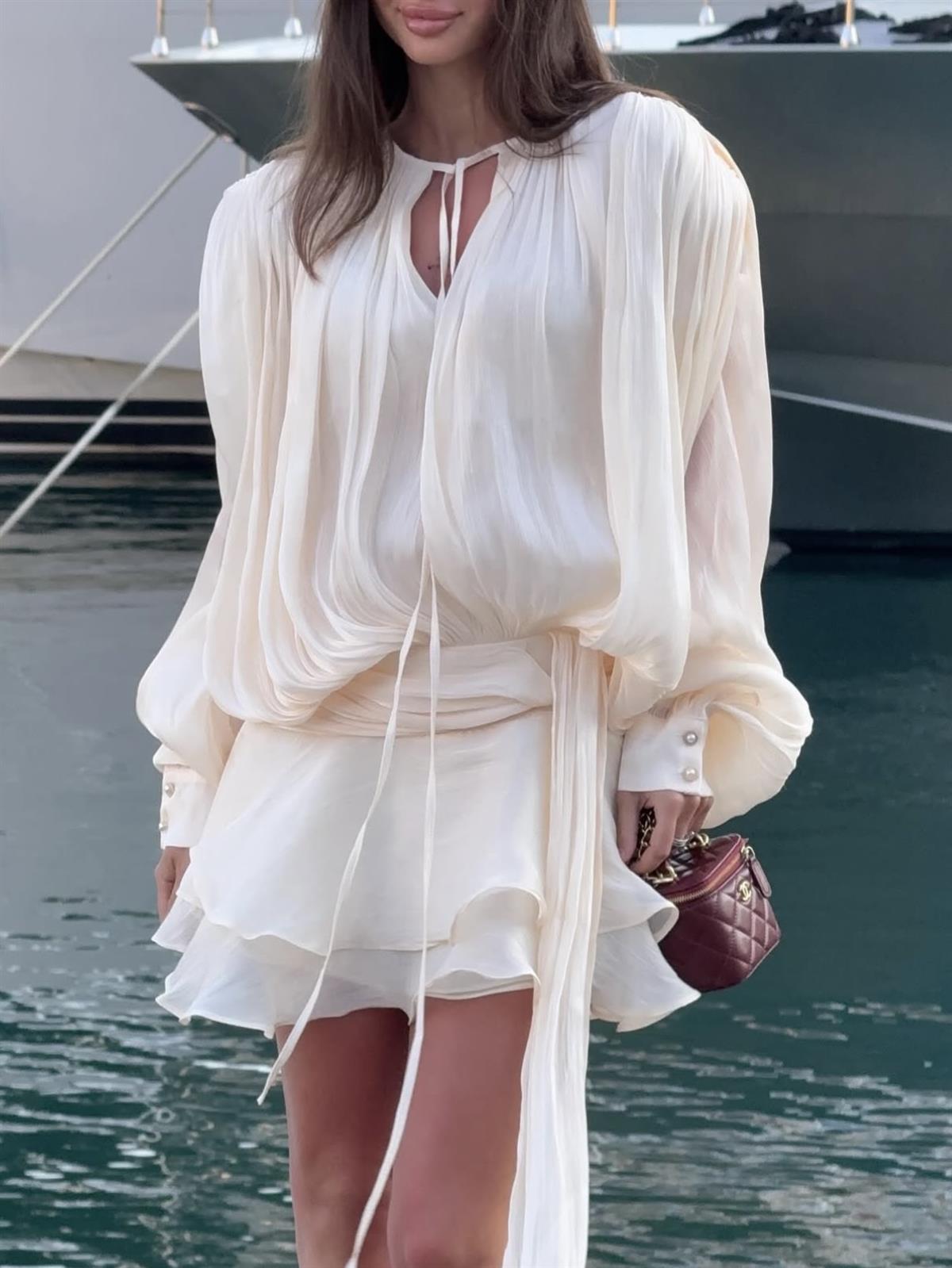 Saten Görünümlü Pliseli Mini Elbise