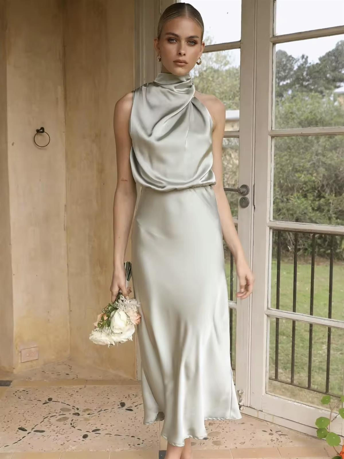 Saten Halter Yaka Midi Elbise