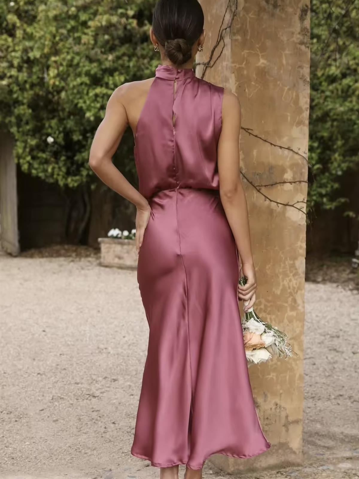 Saten Halter Yaka Midi Elbise