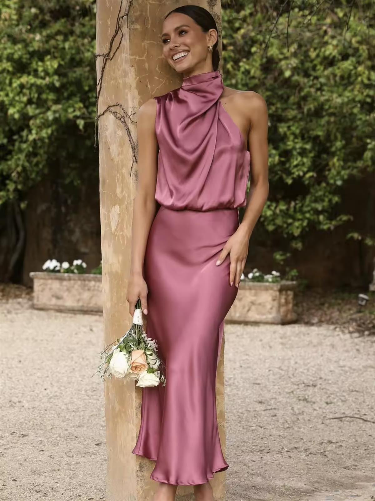 Saten Halter Yaka Midi Elbise