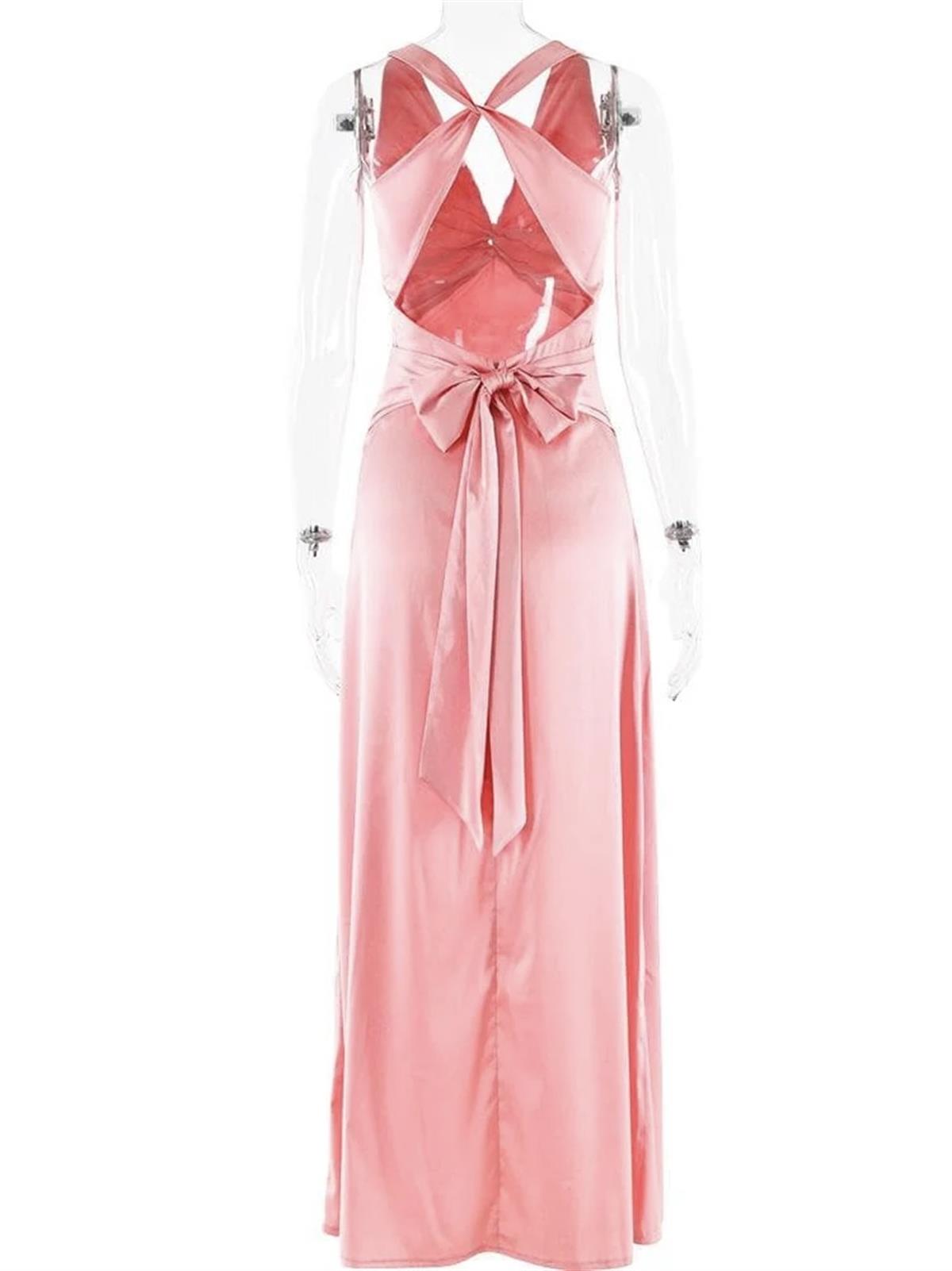 Saten Kruvaze Yaka Pembe Elbise