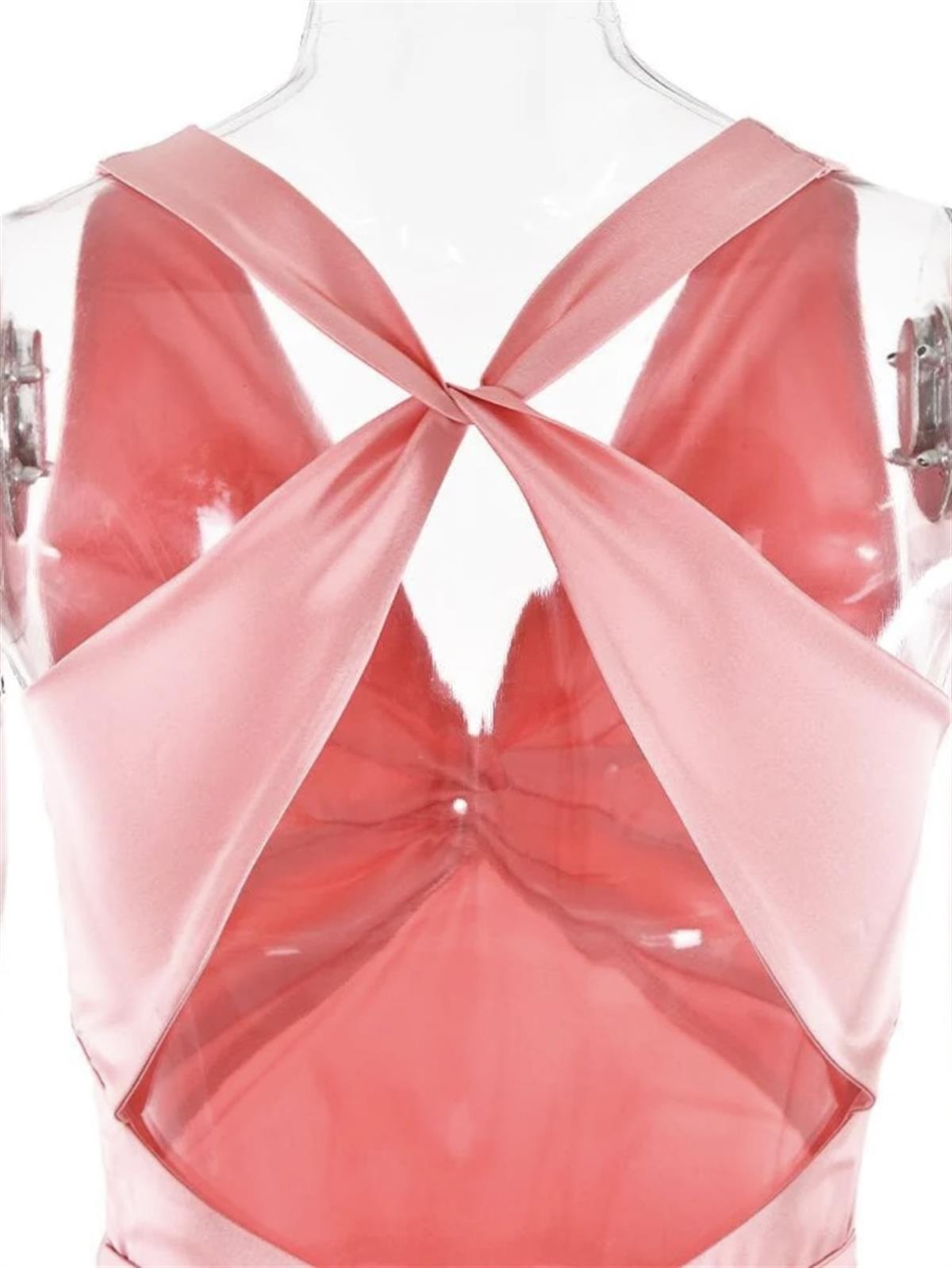 Saten Kruvaze Yaka Pembe Elbise