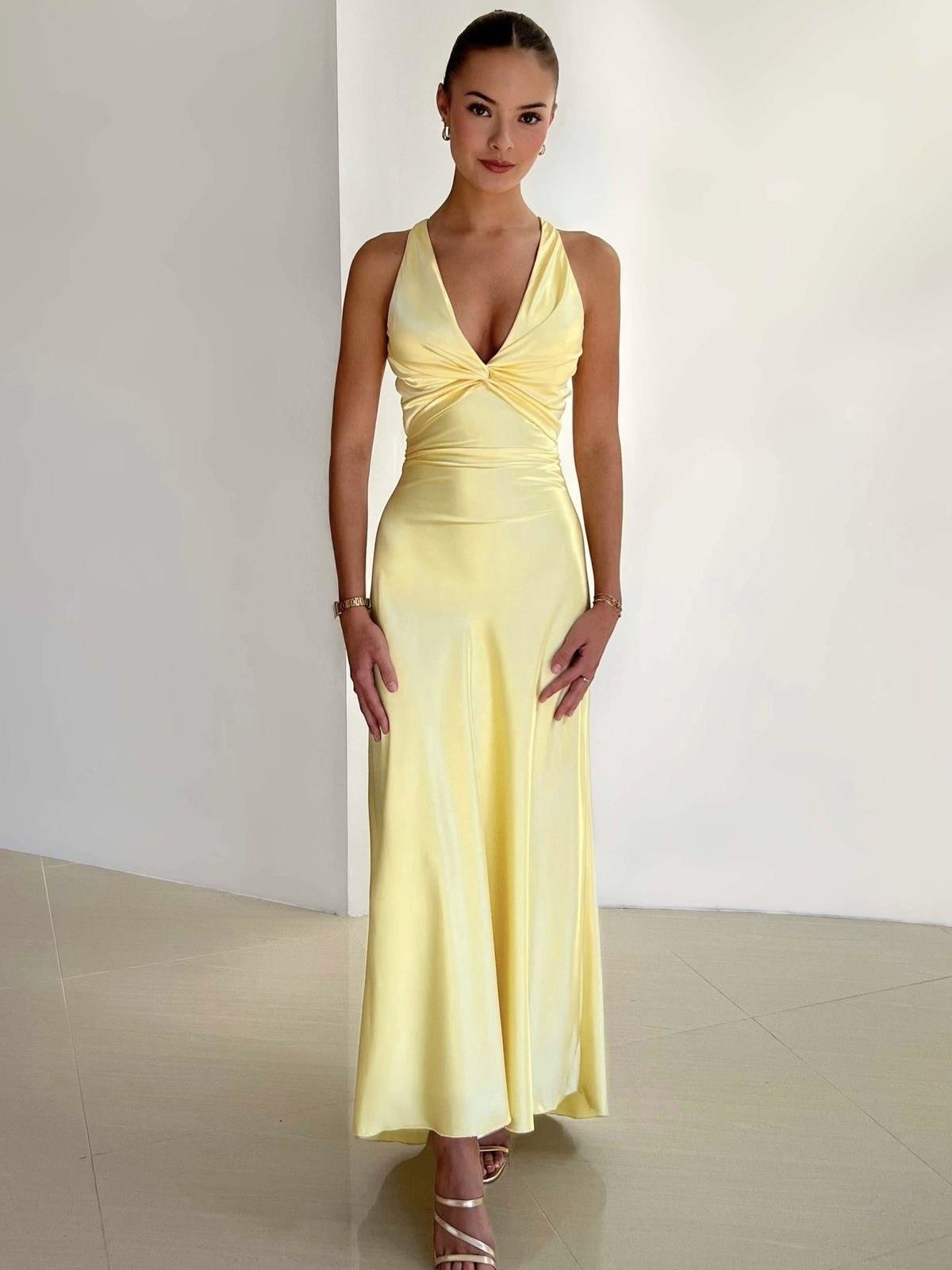 Saten Kruvaze Yaka Sarı Elbise
