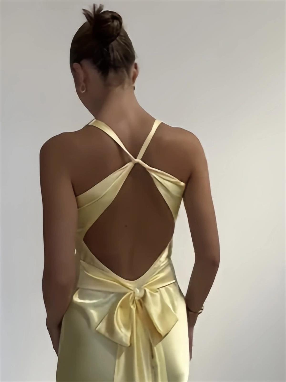 Saten Kruvaze Yaka Sarı Elbise