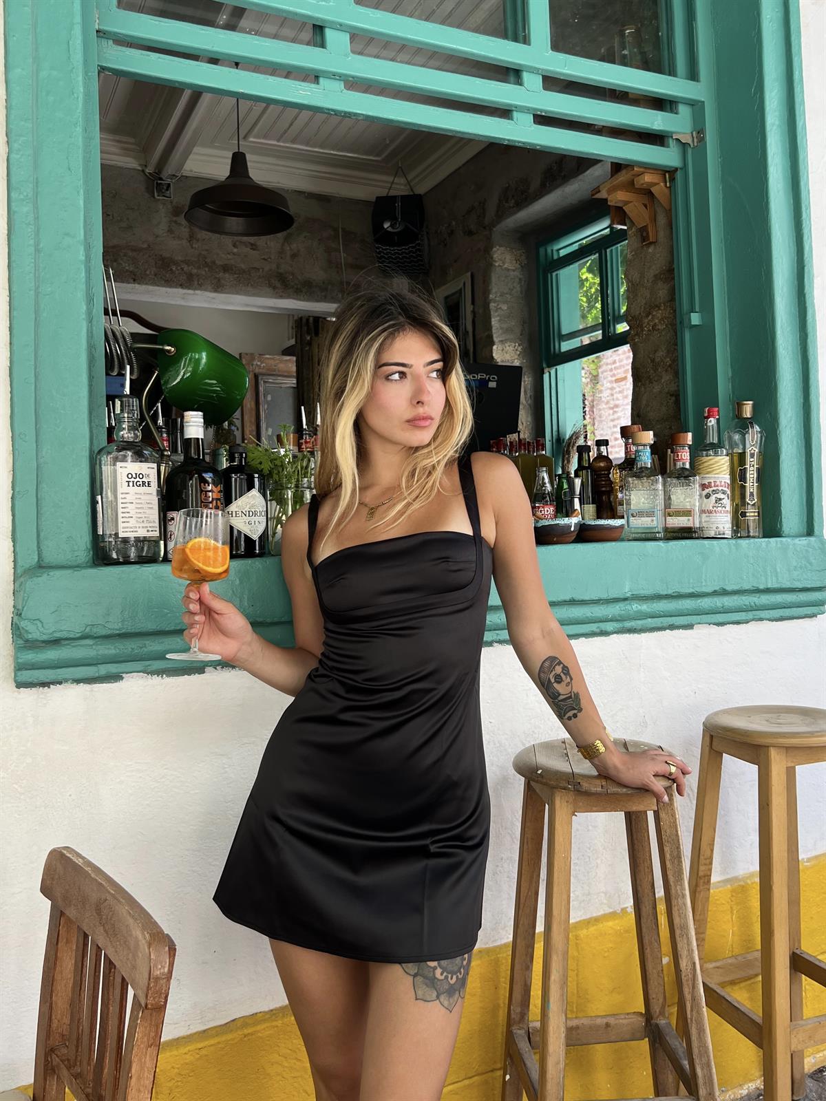 Saten Mini Elbise - Siyah