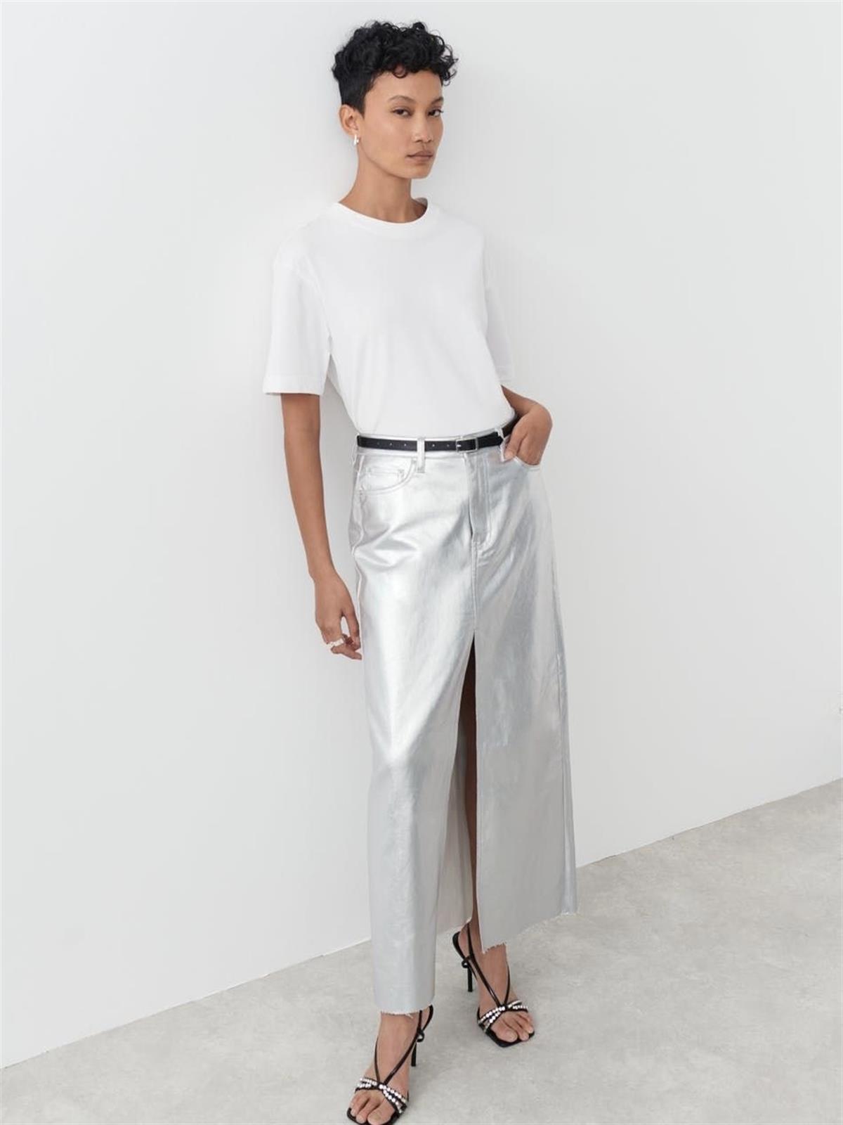 Sılver Uzun Yırtmaç Detaylı Etek