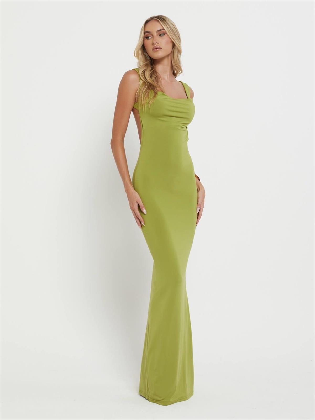 Sırt Dekolteli Yeşil Elbise