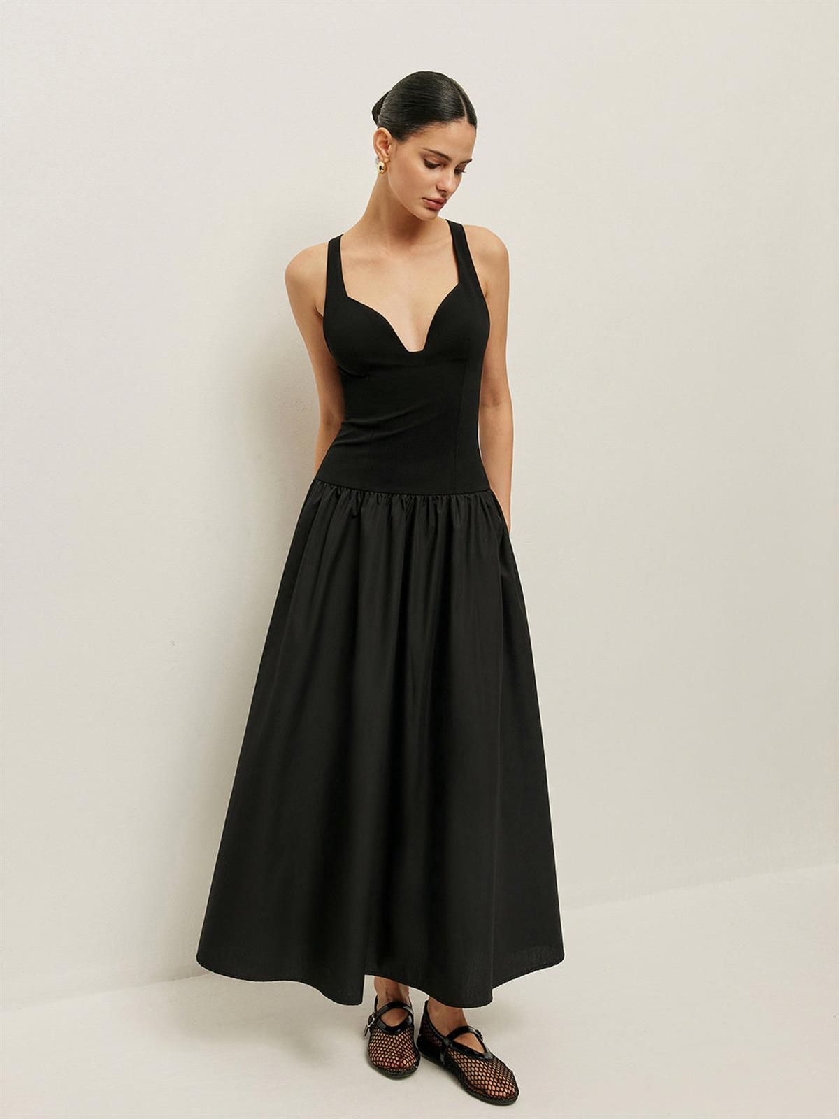Siyah Askılı Volan Detaylı Elbise