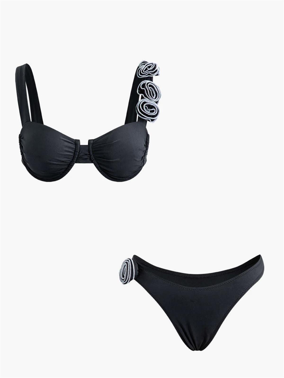 Siyah Gül Detaylı Bikini Takımı