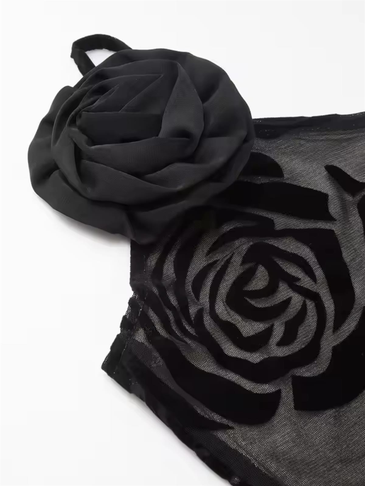 Siyah Gül İşlemeli Maxı Elbise