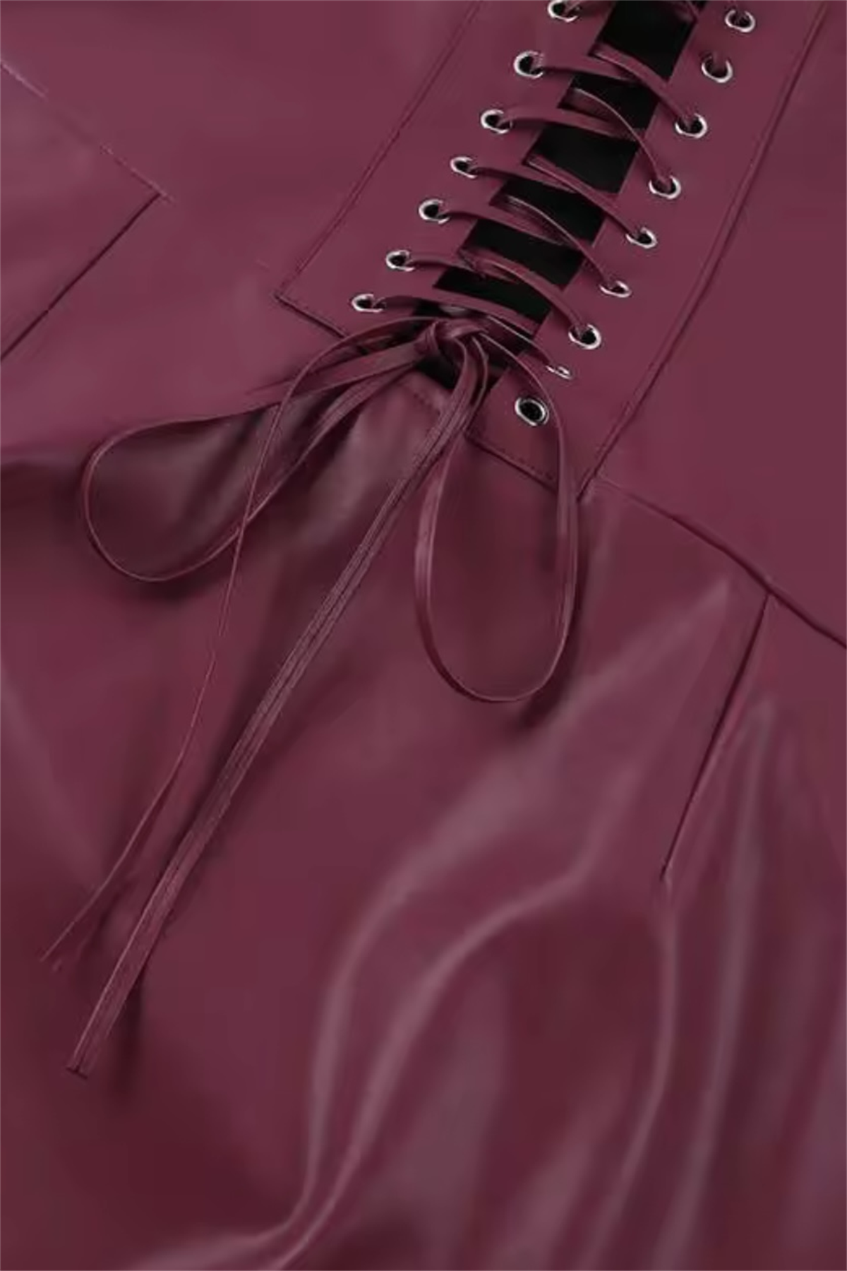 Straplez Balenli Midi Boy Suni Deri Elbise - Bordo