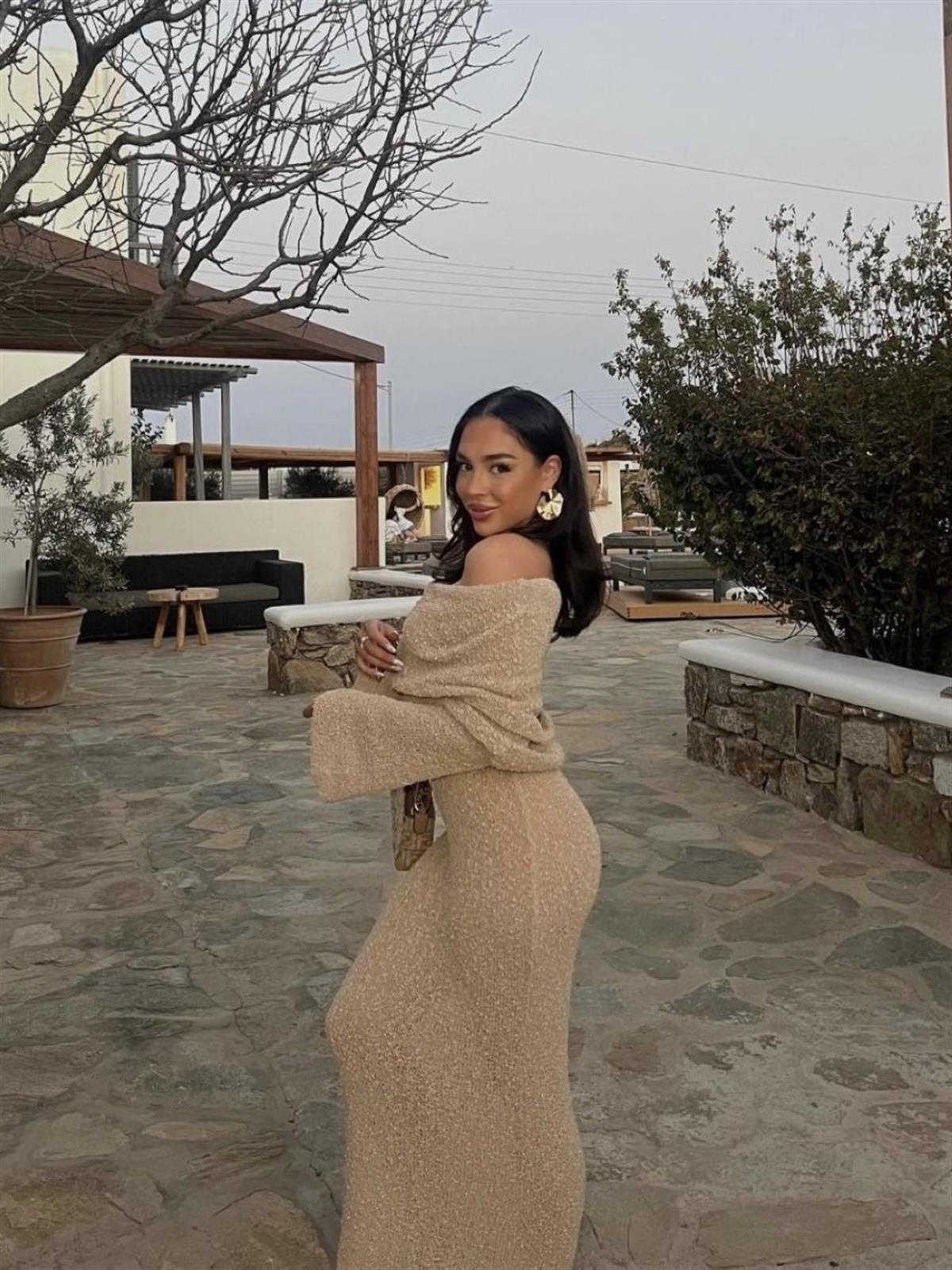 Straplez Örgü Uzun Elbise - Bej