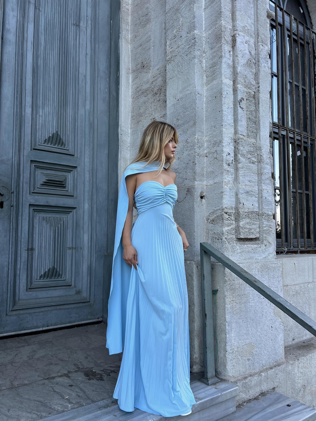 Straplez Pileli Şal Detaylı Elbise - Mavi