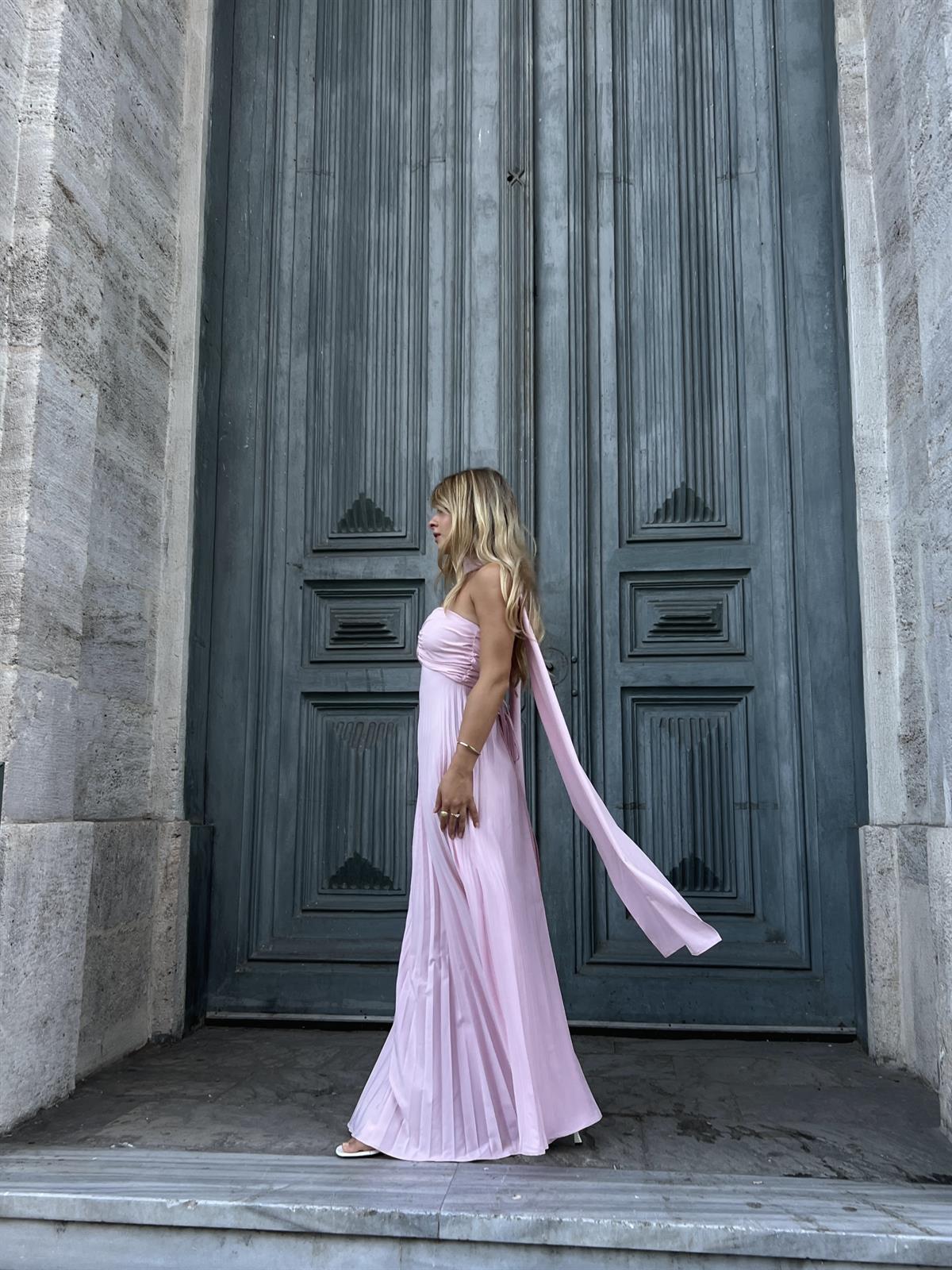 Straplez Pileli Şal Detaylı Elbise - Pembe