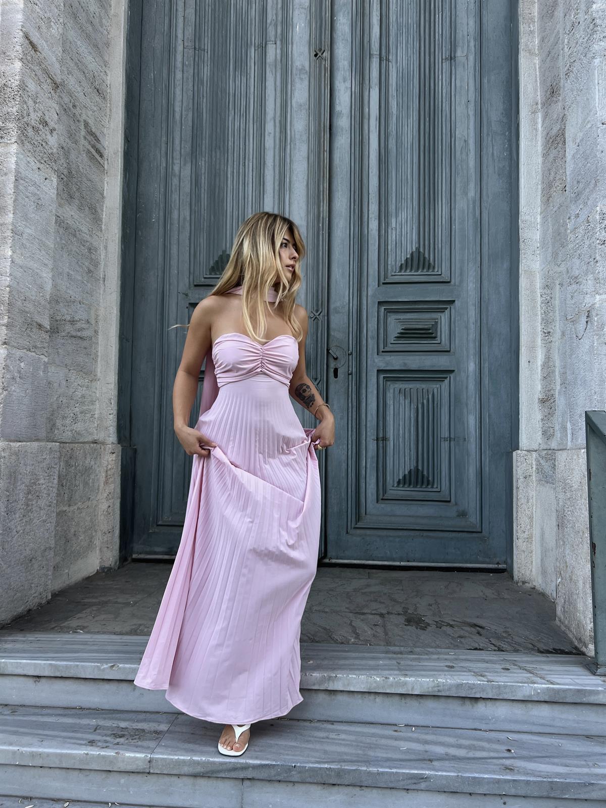 Straplez Pileli Şal Detaylı Elbise - Pembe