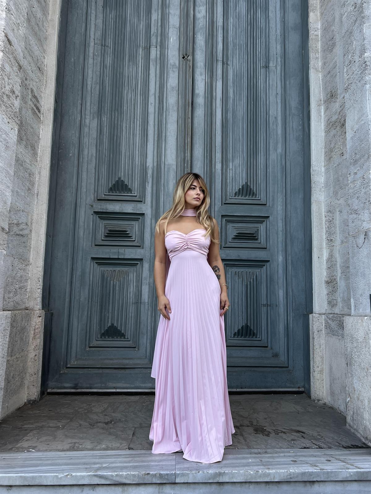 Straplez Pileli Şal Detaylı Elbise - Pembe