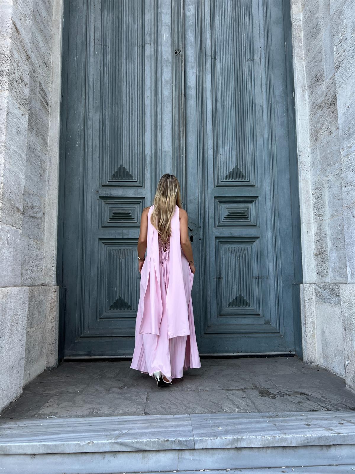 Straplez Pileli Şal Detaylı Elbise - Pembe