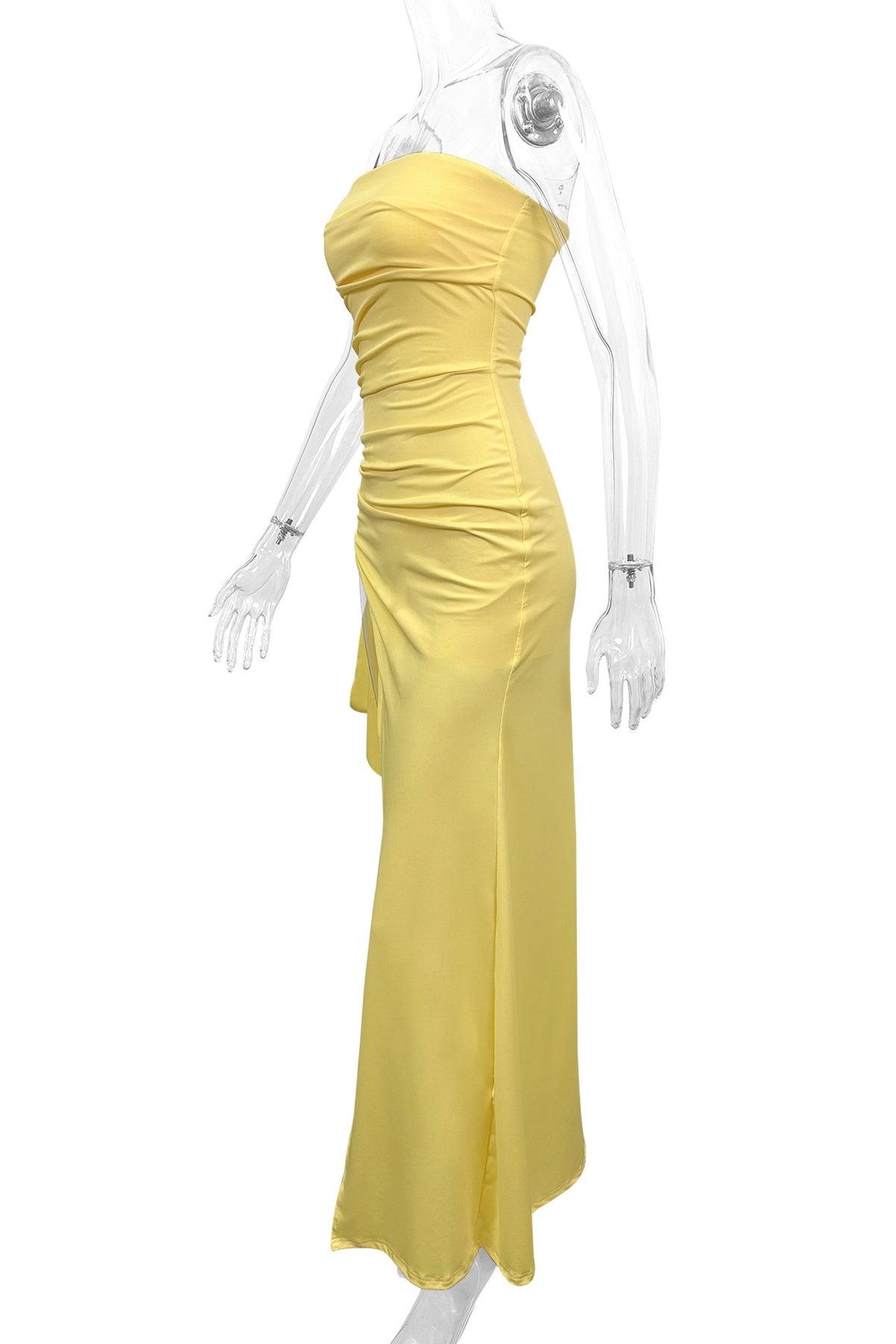 Straplez Yırtmaç Detaylı Uzun Elbise - Sarı 