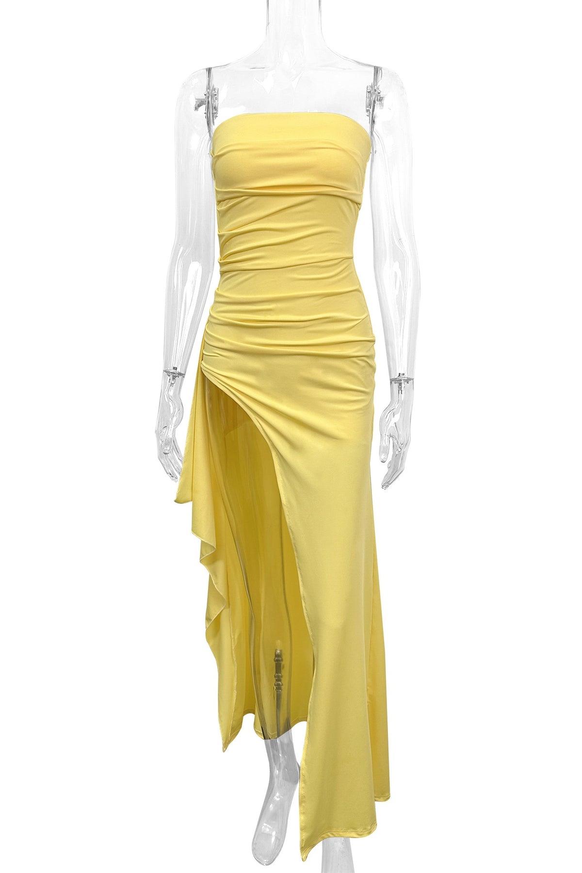 Straplez Yırtmaç Detaylı Uzun Elbise - Sarı 