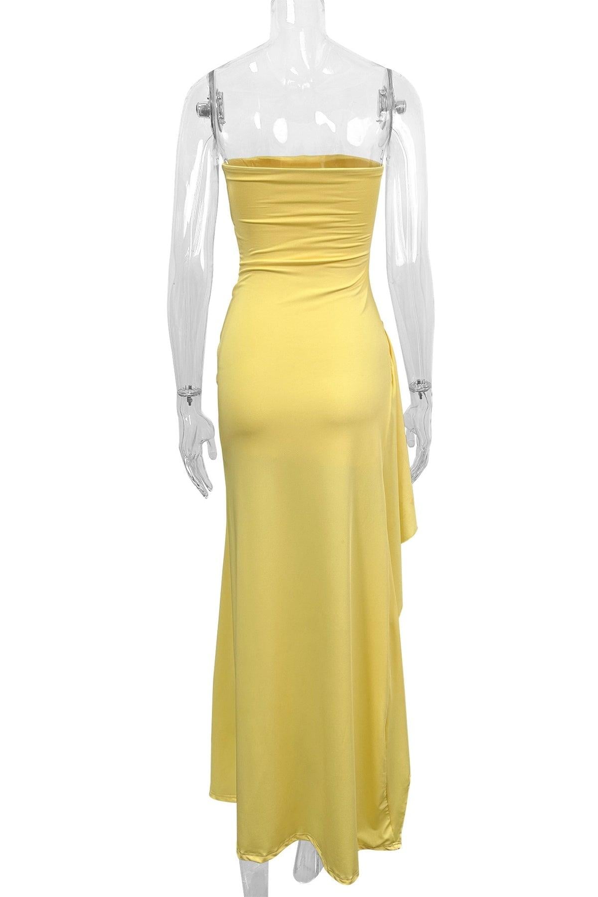 Straplez Yırtmaç Detaylı Uzun Elbise - Sarı 