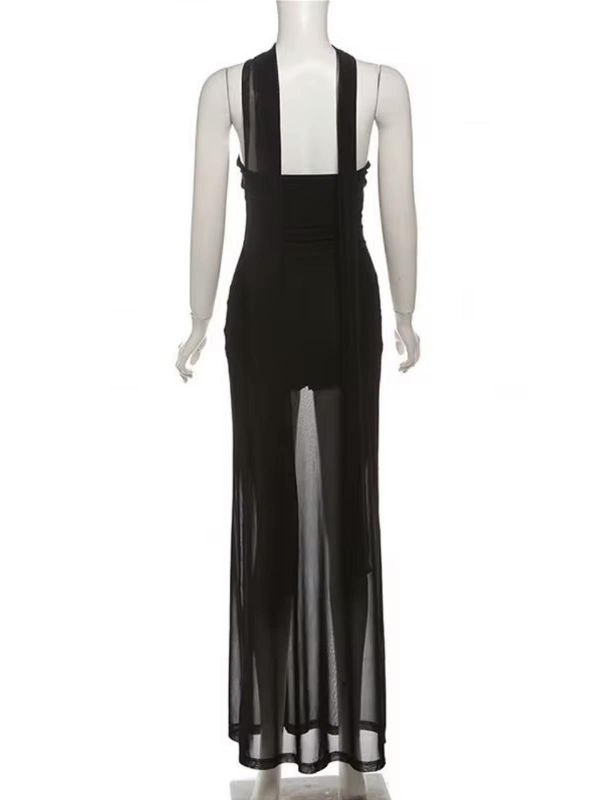 Tül Detaylı Asimetrik Siyah Elbise