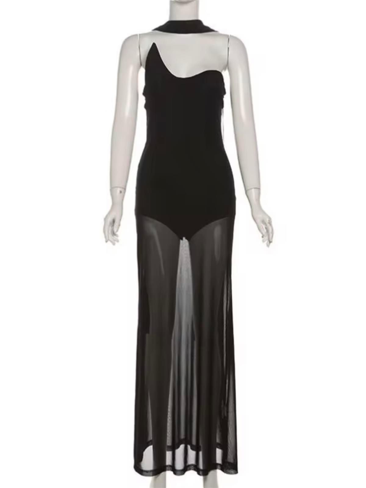 Tül Detaylı Asimetrik Siyah Elbise