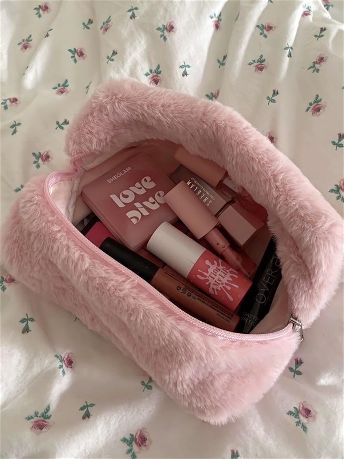 Tüylü Suni Kürk Makyaj Çantası - Pembe