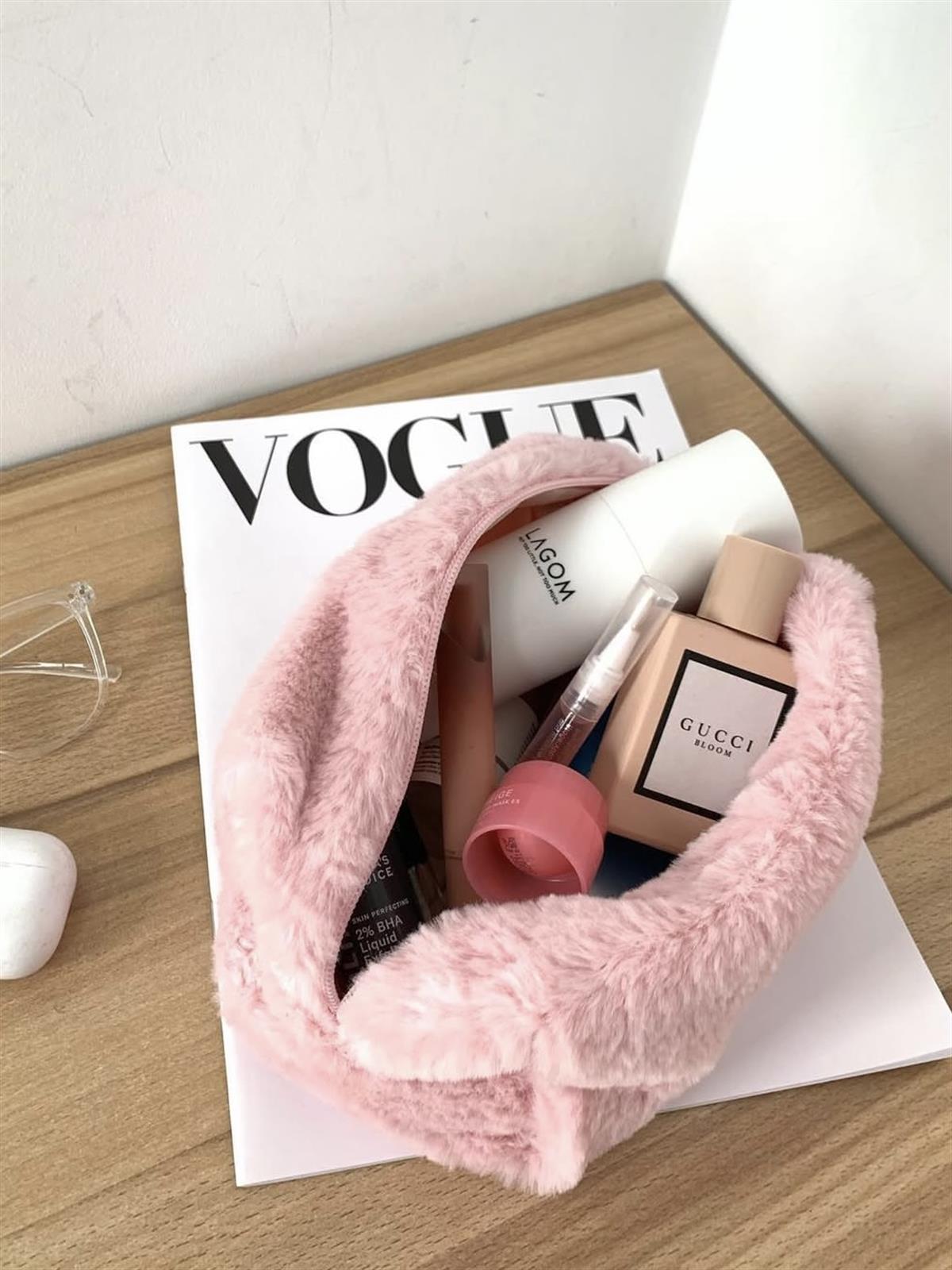 Tüylü Suni Kürk Makyaj Çantası - Pembe