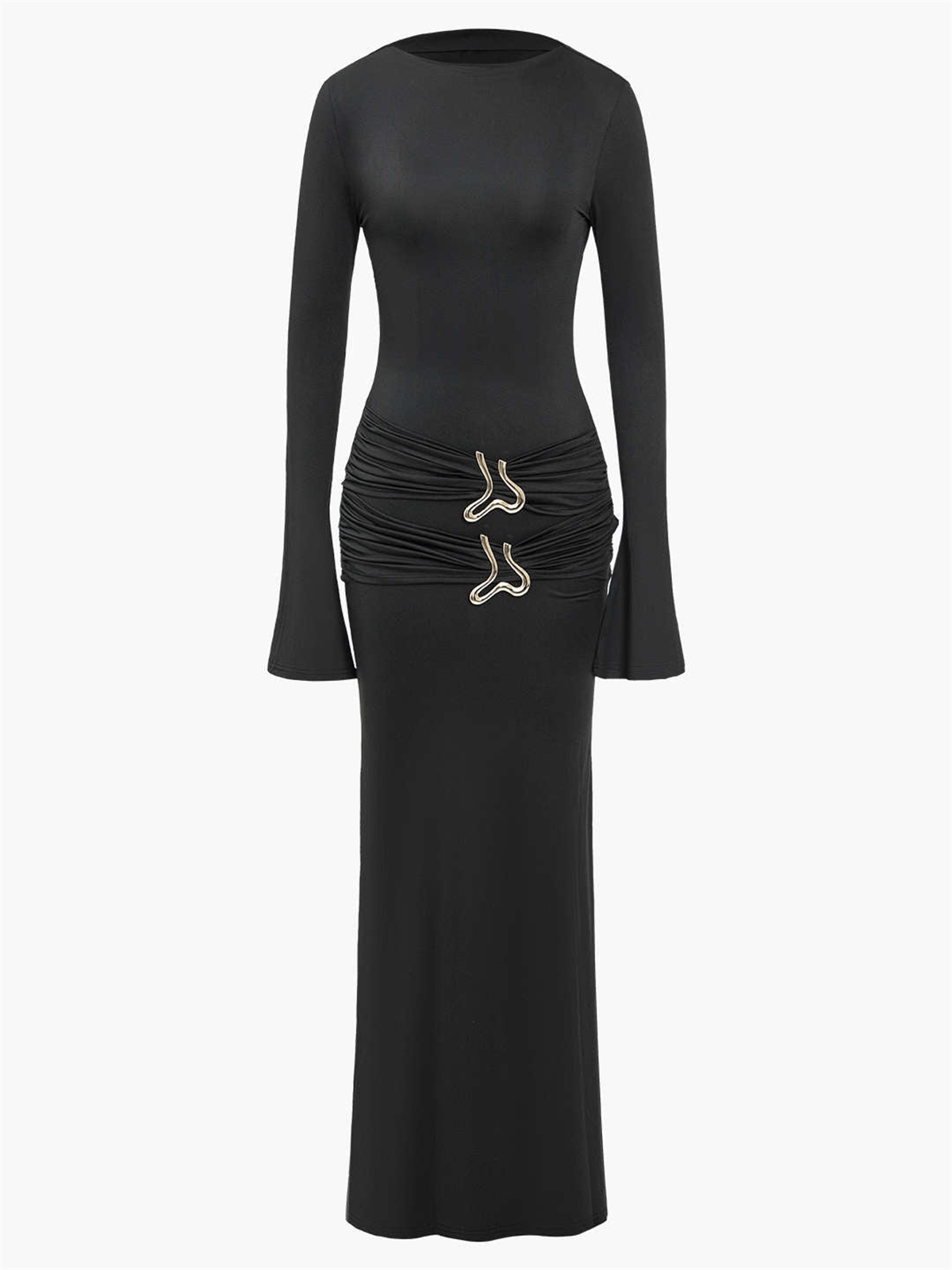 Vatkalı Metal Tokalı Siyah Uzun Kollu Elbise