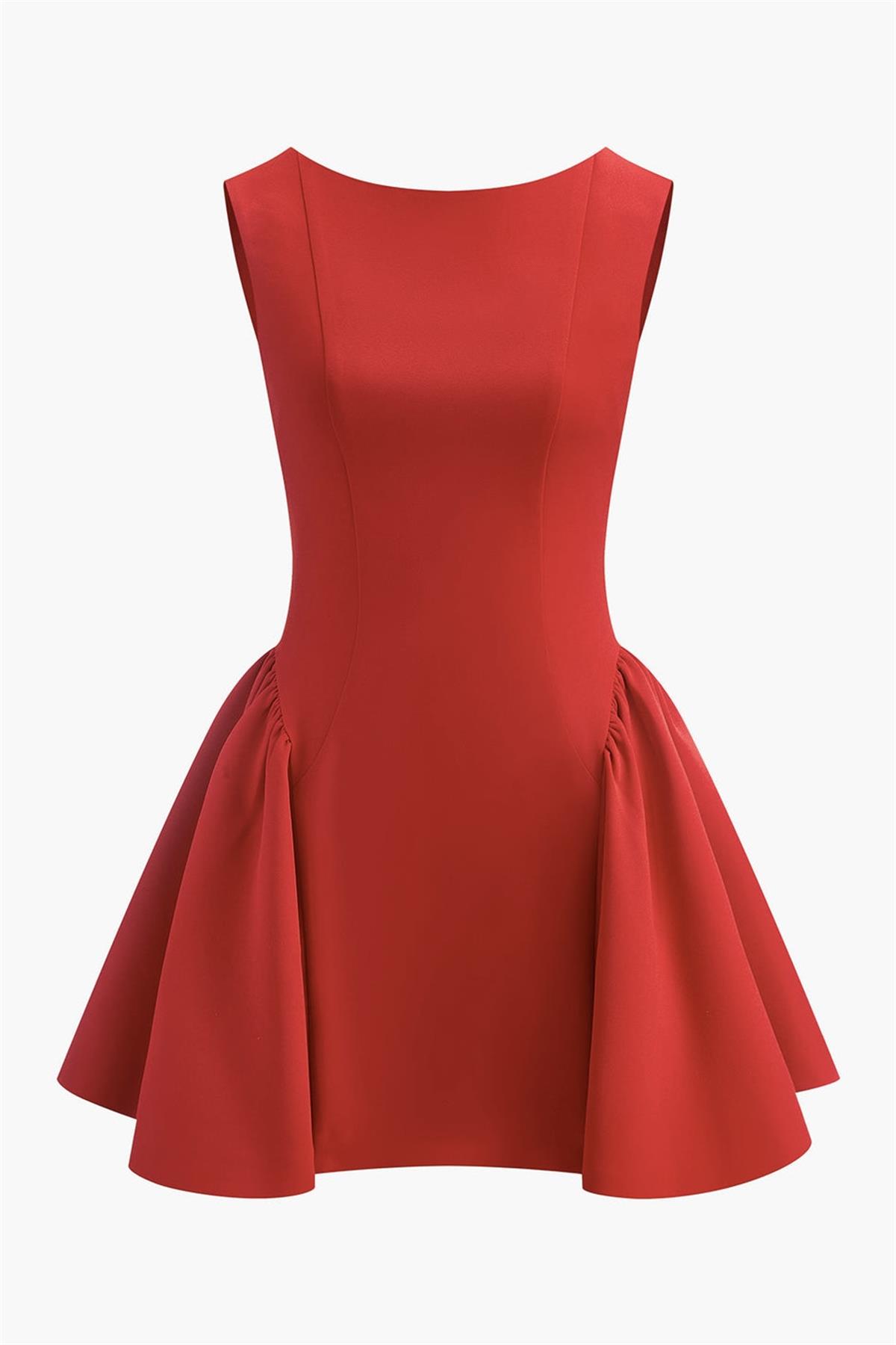 Volan Detaylı Sırt Dekolteli Mini Elbise - Kırmızı