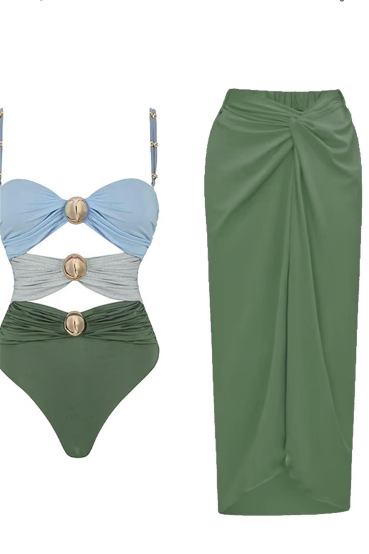 Yeşil Gold Düğme Detaylı Pareolu Mayo