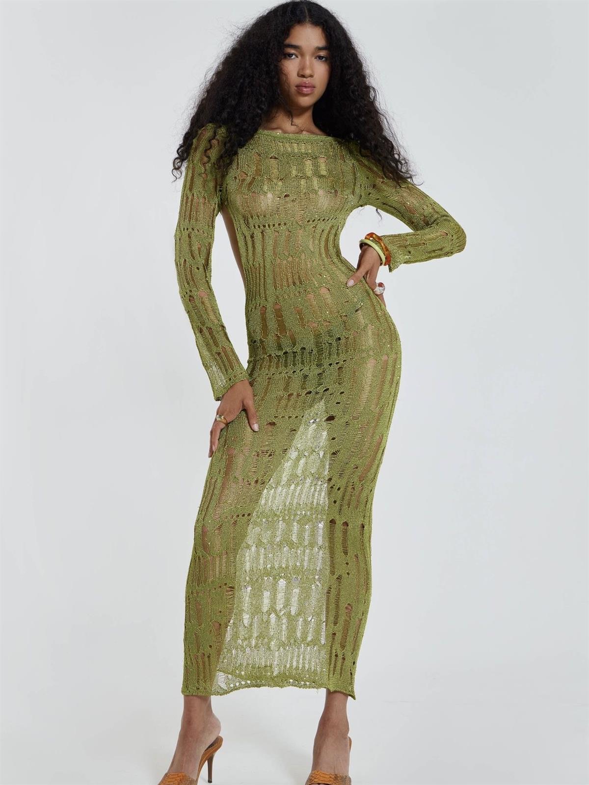 Yeşil Örgü Transparan Elbise
